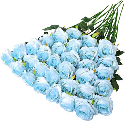 68 Pcs Ice Blue Artificial Roses Fake Flowers,Silk Flowers with Stems for DIY Wedding Bridal Shower Centerpieces Arrangements Tables Decorations
