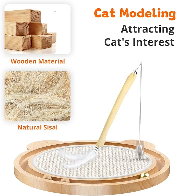 3-in-1 Cat Toys, Scratcher, Toys for Indoor Cats, Natural Sisal Scratching Board, Kitten Interactive with Ball Track & Retractable Wand Toy & Feather-Mewly Pet