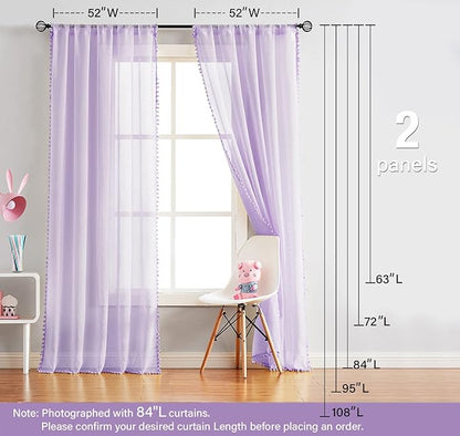 Treatmentex Pompom Sheer Curtains for Living Room 72" Lilac Window Drapes Lavender Voile Curtain for Girls' Room 2panels Rod Pocket