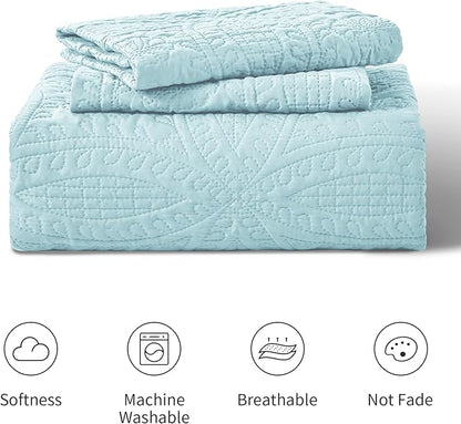 Love's cabin King Size Quilt Set Spa-Blue Bedspreads - Soft Bed Summer Lightweight Bedspread Comforter - Modern Style Coin Pattern Coverlet for All Season - 3 Pieces (1 Quilt, 2 Pillow Shams)