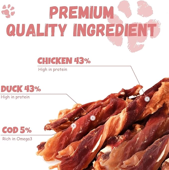 Dog Jerky Treats Triple Flavor Chicken Duck Wrapped Cod Twisted Sticks 5'', Rawhide Free Grain Free Dog Training Snacks Chews for Small Medium Large Dogs, 10.6 oz-Mewly Pet