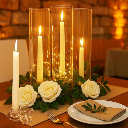 12 Set Glass Hurricane Candle Holders 11.8" Open Ended Glass Candleholder Tube Shape Bottomless and 1.26" Taper Clear Candlestick Holders for Wedding Party Table Centerpiece