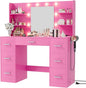 Furmax Vanity Desk with Mirror, LED Lights and Power Outlet Makeup Vanity Table with 7 Drawers and 6 Storage Shelves Dressing Table for Bedroom Dressing Room (Pink)
