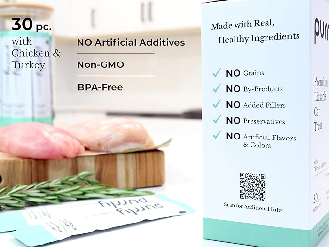 Purrly Interactive Lickable Cat Treats Low Calorie Human-Grade Chicken Breast & Turkey with L-Lysine & Astaxanthin for Immunity (30 Count) Non-Seafood Hydrating BPA-Free for All Ages-Mewly Pet