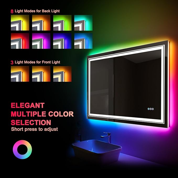 LED Mirror for Bathroom, 48"X30" with 8 RGB Backlit +3 Front Lit (Adjustable Individually), Anti-Fog, Large Lighted Bathroom Vanity Mirror for Wall,Shatterproof,Memory Function,Tempered Glass