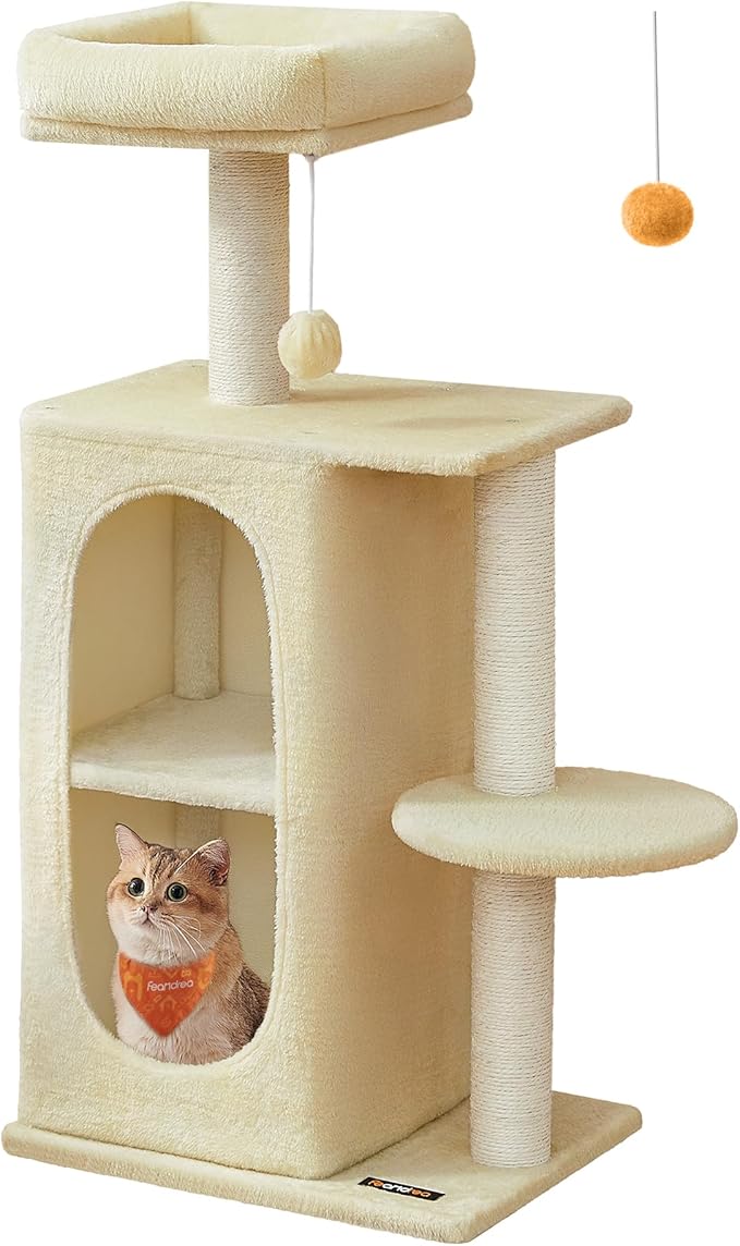 Feandrea Cat Tree Tower with 2 Caves for Multi-Cat Households, Kittens, Scratching Posts, Sand Beige UPCT005Y01-Mewly Pet