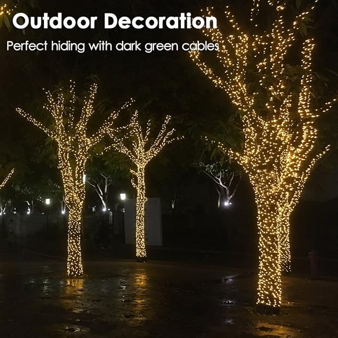 RPGT Christmas Light 1000 LEDs 336ft Green Cable Wire Fairy String Tree Twinkle Lights Plug in 12 Modes for, Outdoor, Garden, Wedding, Christmas Party, Home Decoration (Warm White)