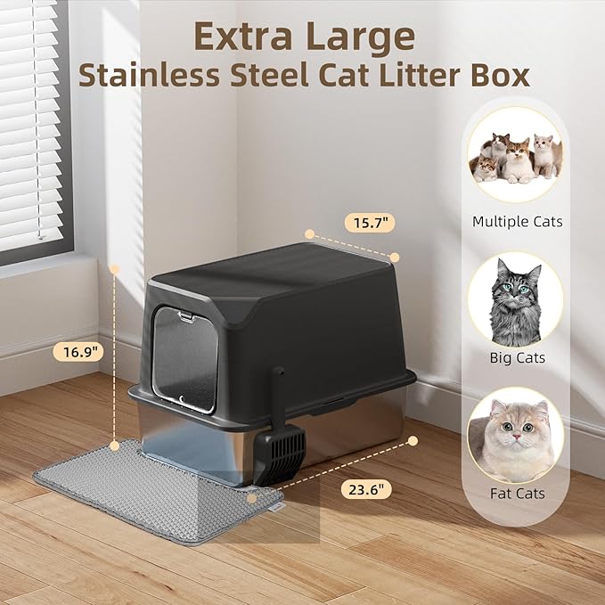 Stainless Steel Cat Litter Box with Lid, Extra Large, Great for Large & Small Cats, Easy to Clean, Anti-Leakage, Non-Sticky, Multifunctional 2 in-1 Metal Cat Litter Box - Black-Mewly Pet