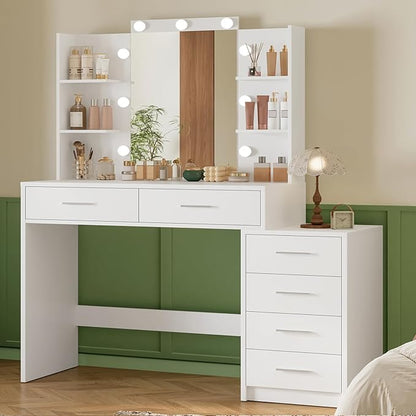 Quimoo 43.3" W Vanity Desk with Mirror and 9 LED Lights, Makeup Vanity with 6 Drawers, 6 Open Shelves, White Vanity for Women Girls, 43.3" W x 13.8" D x 54.3"