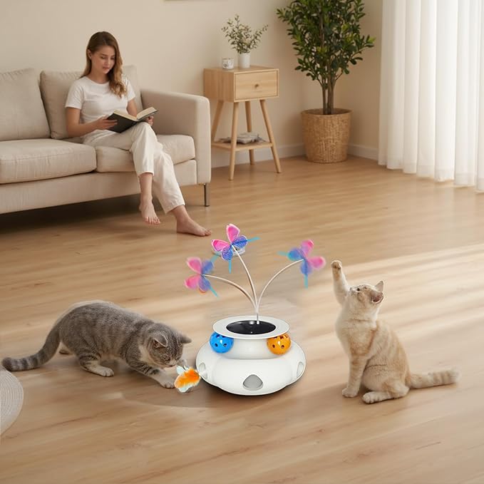 Interactive Cat Toys for Indoor Cats, 3in1 Rechargeable Pet Teaser Toy with Ambush Feather Wand, Fluttering Butterfly and Track Balls, Touch Activated Automatic Kitten Toys with Remote Control-Mewly Pet