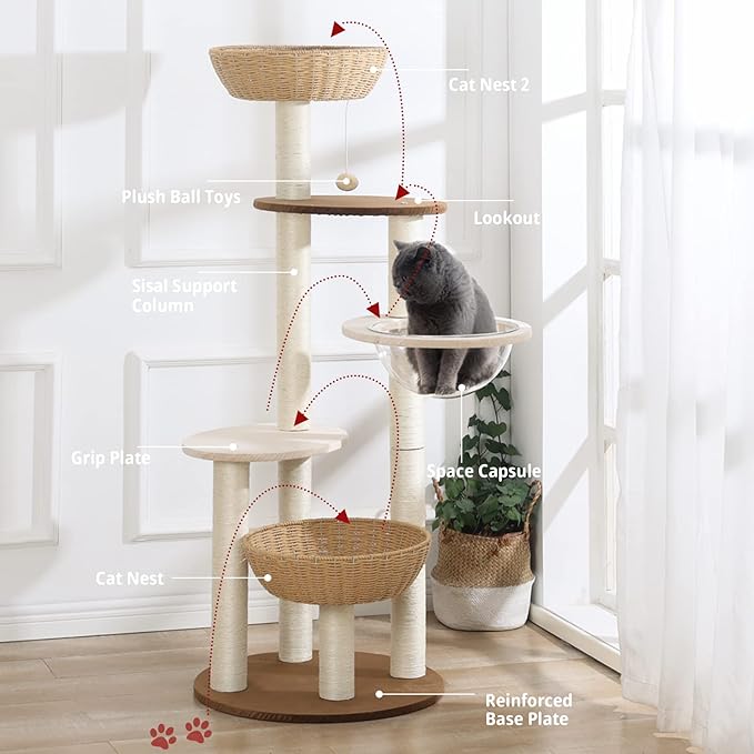 Modern Cat Tree Tower for Large Cats, Real Natural Sisal Luxury Cat Condo, Manual Hand Woven Wood Cat Tower, Indoor Cat Scratching Tree, New Cat Condo Lover Gift-Mewly Pet