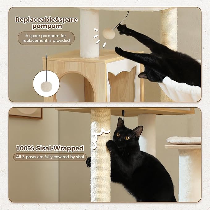 PEQULTI 57.5" Cat Tree with Litter Box Enclosure Large, Wood Cat Tower for Indoor Cats with Storage Cabinet and Cozy Cat Condo, Sisal Covered Scratching Post and Repalcable Dangling Balls, Beige-Mewly Pet
