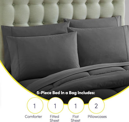 Sweet Home Collection 5 Piece Comforter Set Bag Solid Color All Season Soft Down Alternative Blanket & Luxurious Microfiber Bed Sheets, Gray, Twin (Pack of 4)