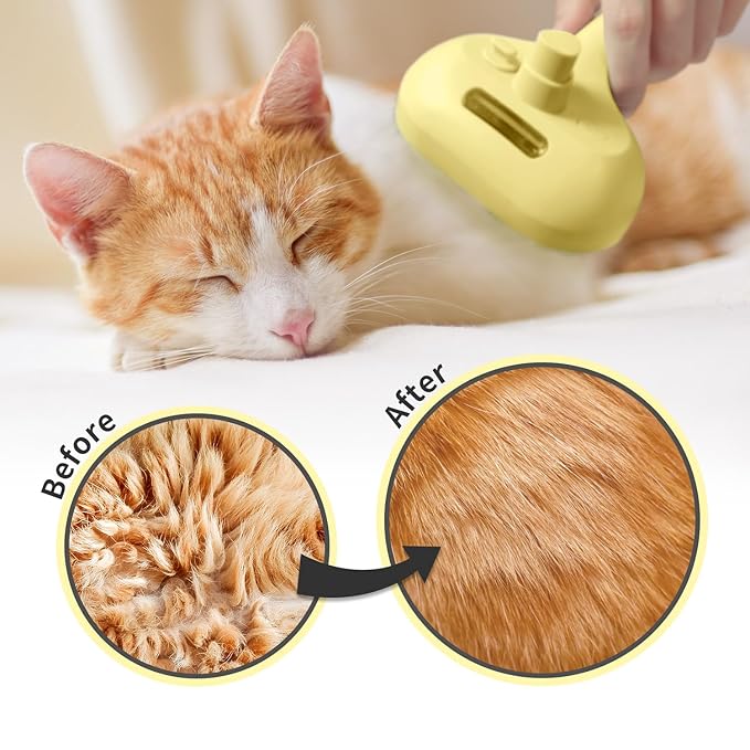 3 In 1 Steamy Brush with Release Button and Tank, Anti-Static Pet Brush for Long and Short Hair Pets to Remove Tangles and Loose Fur (Yellow)-Mewly Pet