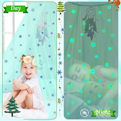 South to East Bed Canopy for Girls with Glowing Snow in The Dark, Cyan Princess Bed Curtains for Kids Bed & Toddler Bed, Twin, Full & Queen, Mosquito Net Canopy for Girls