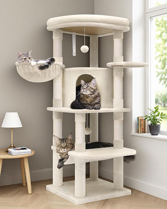 Globlazer Corner Cat Tree Tower with Scratching Post for Indoor Cats, 51in Plush Multi-Level Cat Tower with Large Hammock, Fan-Shaped Padded Perch, Spacious Cat Condo, Hanging Basket, C51, Light Beige-Mewly Pet