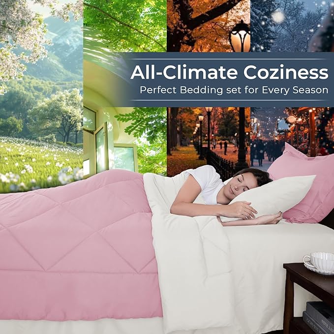 HEVUMYI Queen Comforter Set - 7-Piece All Season Bed in a Bag Queen, Ultra Soft Bedding Set with Comforter, Flat Sheet, Fitted Sheet, Pillowcases, Pillow Shams, Pink & Ivory