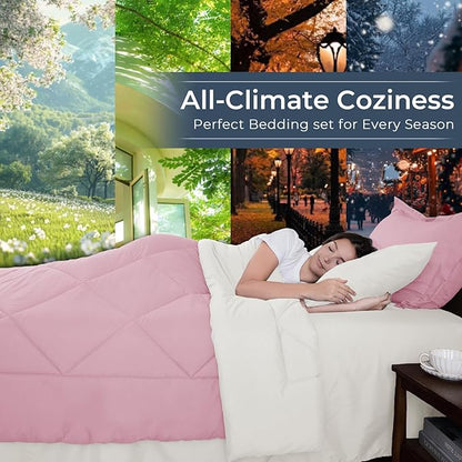 HEVUMYI Full Comforter Set - 7-Piece All Season Bed in a Bag Full, Ultra Soft Bedding Set with Comforter, Flat Sheet, Fitted Sheet, Pillowcases, Pillow Shams, Pink & Ivory