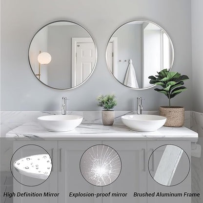 Silver Round Mirror 30 inch, Round Bathroom Mirror, Silver Circle Mirrors with Aluminum Frame, Circle Wall Mirrors for Bathroom, Living Room, Hallway, Bedroom.