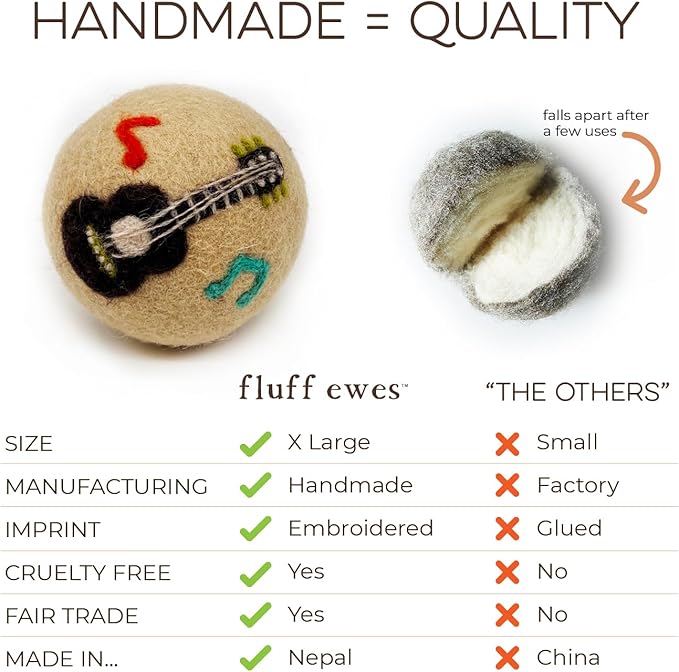 Fluff Ewes Wool Dryer Balls 6 Pack Premium New Zealand Wool Laundry Balls for Dryer, No Static Dryer Balls Laundry Reusable, XL Wool Dryer Balls Cute, Baby Dryer Balls for Dryers - are We There Yet-Mewly Pet