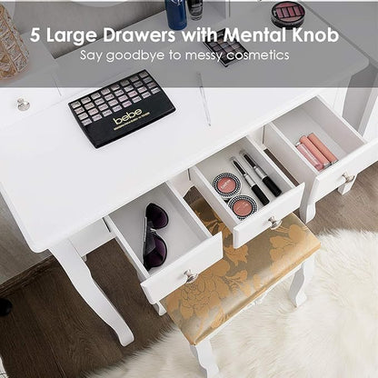 CHARMAID Vanity Table Set with Rotatable Oval Mirror, Bedroom Makeup Table with 5 Drawers for Women Girls, Dressing Table with Cushioned Stool (White)