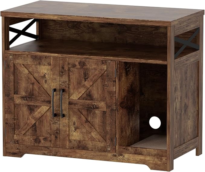 Cat Litter Box Enclosure, Hidden Litter Box Furniture with Scratch Pad, Farmhouse Indoor Cat House Washroom End Table, Rustic Brown-Mewly Pet