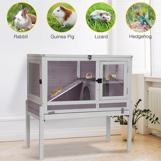 Aivituvin Wooden Guinea Pig Cages Indoor with Removable Stand, Anti Chewing Rabbit Hutch with Ramp and Wire Mesh, 2 Story Small Animals House Habitat with Pull Out Tray (Gray&Purple)-Mewly Pet