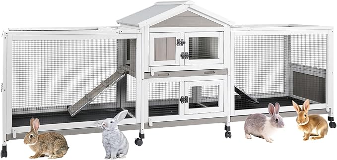 2-Tier Rabbit Hutch with Wheels, Indoor & Outdoor Small Animal Cage with Deep Pull-Out Tray, Anti-Chew Frame, Habitat for Bunny, Guinea Pig, Chinchilla (93" L x 19" W x 35" H)-Mewly Pet