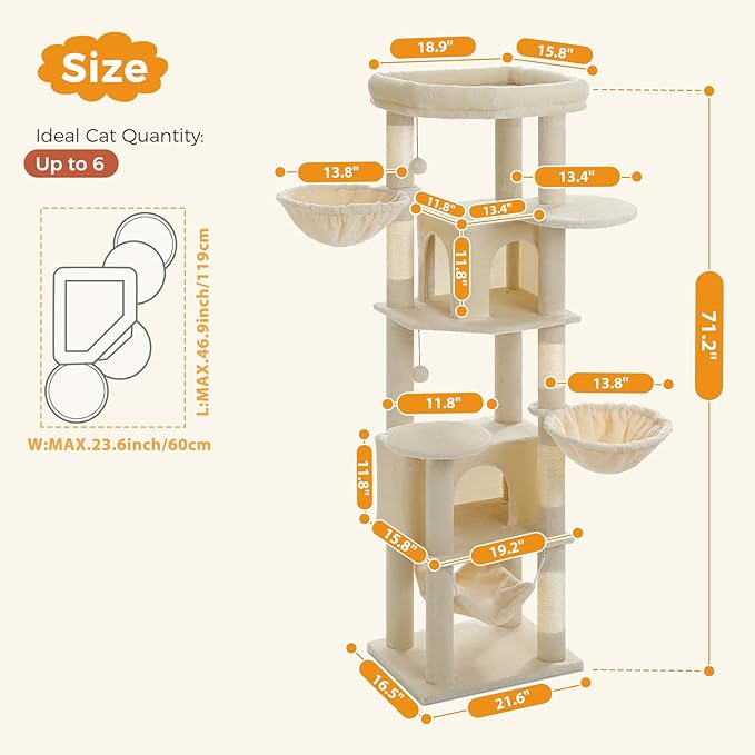 71.2" Tall Cat Tree for Indoor Cats - 9-Level Multi-Cat Tower w/5 Sisal Scratching Posts, 2 Condos, 3 Hammocks, Perch & Pom Poms - Heavy-Duty for Adult Cats, Space-Saving Plush Beige-Mewly Pet