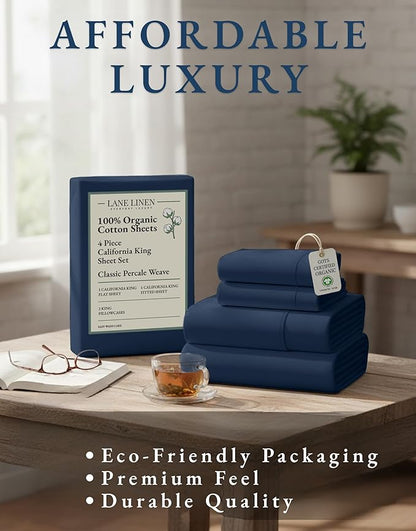 LANE LINEN 100% Organic Cotton California King Bed Sheets, 4-Piece Pure Percale Sheets Soft Breathable Cotton Bed Sheets, Deep Cal King Sheets for Thick Mattress - Navy