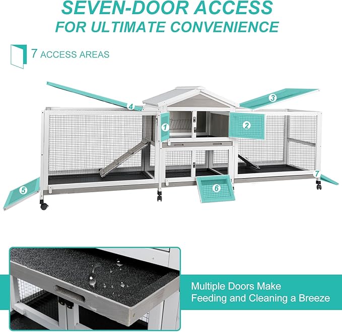 2-Tier Rabbit Hutch with Wheels, Indoor & Outdoor Small Animal Cage with Deep Pull-Out Tray, Anti-Chew Frame, Habitat for Bunny, Guinea Pig, Chinchilla (93" L x 19" W x 35" H)-Mewly Pet