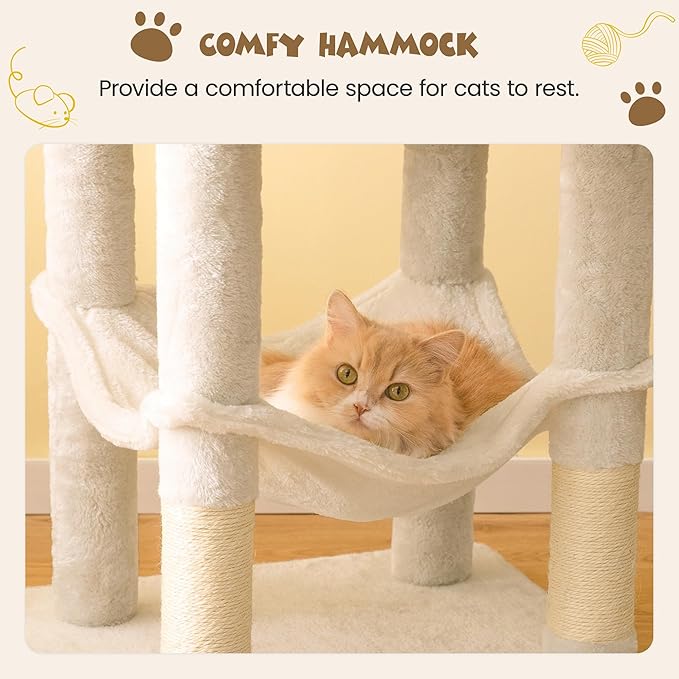 MWPO 63.8 inches Multi-Level Cat Tree for Large Cats with Sisal-Covered Scratching Posts, Padded Platform, Hammock and Condo,Stable Cat Tower Cat Condo Pet Play House-Beige-Mewly Pet
