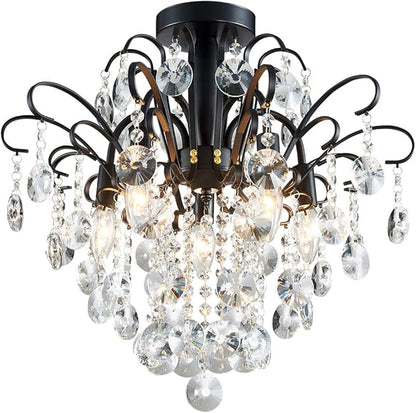 WUZUPS Crystal Chandelier Flushmount Ceiling Light Modern Lighting Fixture for Bedroom Hallway Bar Kitchen Bathroom, H 17.5'' x W 19.3'', E12 Base, Black