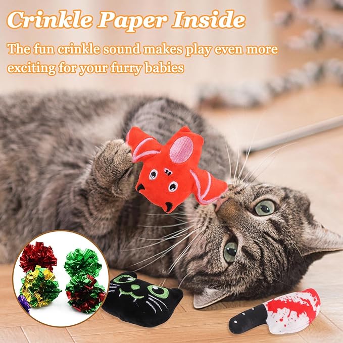 LOMIMOS 6Pcs Halloween Catnip Toys,Cat Toys Chew Bite Plush Toy with Crinkle Paper Kitten Pumpkin Spider Bat Knife for Indoor Interactive Play & Exercise-Mewly Pet
