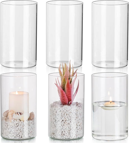 Glasseam Hurricane Glass Candle Holder Set of 6, Cylinder Clear Candle Holders for Pillar Candles, Modern Cylinder Vases for Floating Candles, Vases for Centerpiece Wedding Table Decorations, 6inch