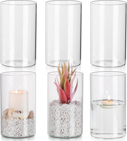 Glasseam Hurricane Glass Candle Holder Set of 6, Cylinder Clear Candle Holders for Pillar Candles, Modern Cylinder Vases for Floating Candles, Vases for Centerpiece Wedding Table Decorations, 6inch