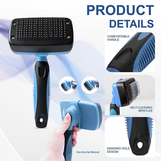 Pet Self Cleaning Slicker Brush and Grooming Comb - Gently Removes Loose Hair, Tangles, and Dirt - Skin Friendly Deshedding Grooming Tool for Hair Dogs & Cats - Pet Supplies Accessories (Blue)-Mewly Pet