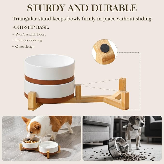 MALACASA Ceramic Dog Bowls, Dog Bowls for Medium Sized Dogs with Wood Stand - Pet Food & Water Bowl Set for Cat Medium Dogs, Weighted Glaze Matte.34 OZ (M-3.5 Cups)-Mewly Pet
