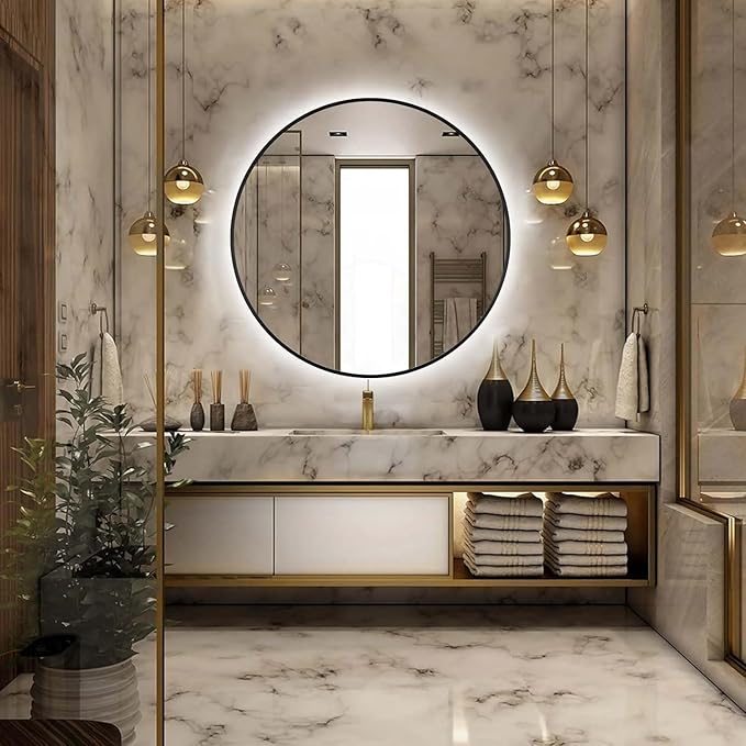 36" Round LED Bathroom Mirror, Wall Mounted Backlit Vanity Mirror with 45° Beveled Frame Lighted Mirror for Bedroom, Fog Free 3-Color Dimmable Lights Memory Function, Black