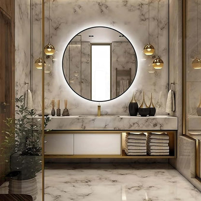 36" Round LED Bathroom Mirror, Wall Mounted Backlit Vanity Mirror with 45° Beveled Frame Lighted Mirror for Bedroom, Fog Free 3-Color Dimmable Lights Memory Function, Black