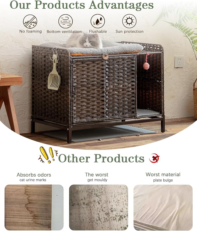 Cat Litter Box Enclosure Furniture with Divider, Handwoven Rattan Litter Box with Mat, 31.2 x 19.6 x 24.2 Inches, Metal Heightened Feet, Hidden Cat House for Living Room, Bedroom (Brown)-Mewly Pet