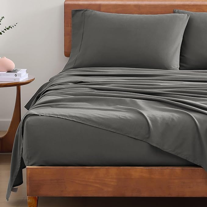 LANE LINEN 100% Organic Cotton Full Size Sheets, Hotel Like Crisp Percale Low Pill Fade Resistant Reinforsed Seam Cotton Sheets, Naturally Cooling 15" Deep Pocket Full Bedding Set- Charcoal