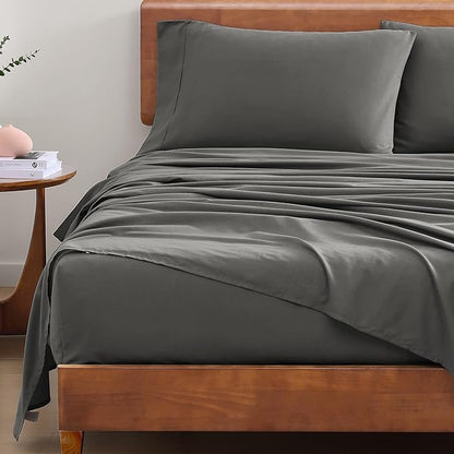 LANE LINEN 100% Organic Cotton Full Size Sheets, Hotel Like Crisp Percale Low Pill Fade Resistant Reinforsed Seam Cotton Sheets, Naturally Cooling 15" Deep Pocket Full Bedding Set- Charcoal