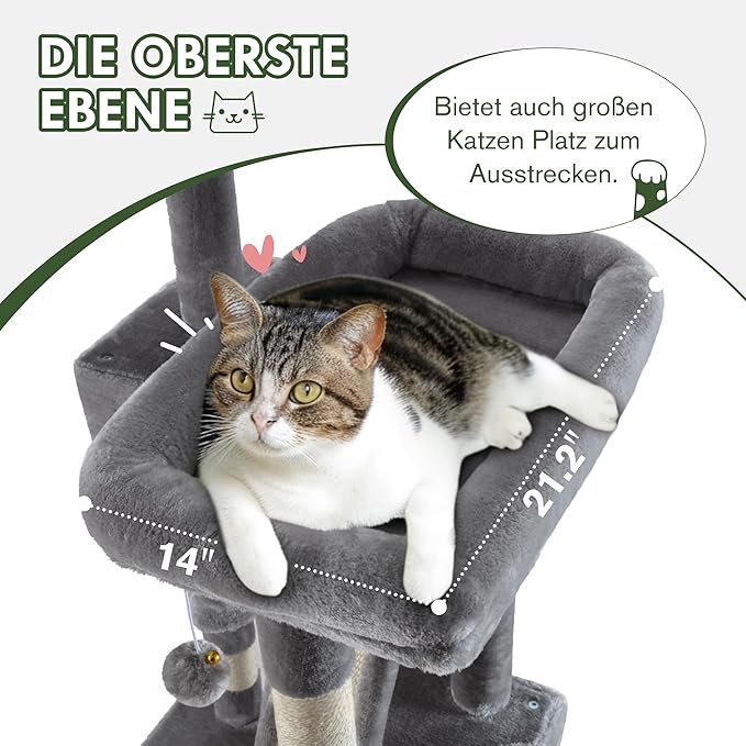 MUTICOR 66 Inches Multi-Level Large Cat Tree Tower for Indoor Big Feline/Cozy Plush Perches/Condo/Sisal Scratching Posts/Hammock and Baskets/Activity Center Play House/Wide Base/Grey-Mewly Pet