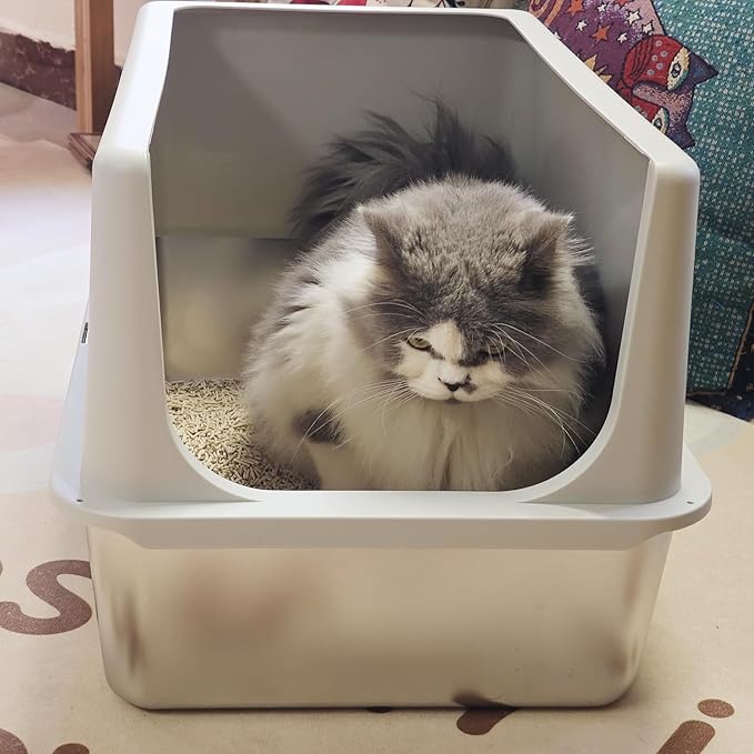 LIHONG Stainless Steel Cat Litter Box, XL Metal with Lid, Cat Litter Pan for Large Cats, Non-Sticky Large Kitty Litter Box, Anti-Leakage, 23.5" X 15.5" X 14" XXL-Mewly Pet