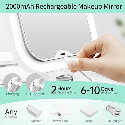 FASCINATE 20X Magnification Rechargeable Travel Makeup Mirror, Lighted Portable Vanity Mirror with 3 Colors Lighting & Stepless Dimming, Double Sided LED Mirror, Gift for Women (White+Bag)