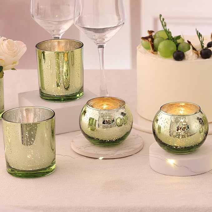 20 Pcs Assorted Green Votive Candle Holders, Larger Size Mercury Glass Candle Holder Bulk, Glass Votive Holder for Wedding, Tea Candle Holders for Christmas Decor, Sage Green Centerpieces for Table