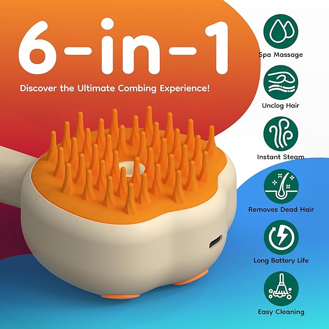 Steam Cat Brush, 6-in-1 Dog Brush Spritz Defur Comb with Pet Waterless Shampoo, Steamy Skin Friendly Deshedding Grooming Tool, Suitable for Shedding & Haired Pets, Pet Supplies Accessories, Yellow-Mewly Pet