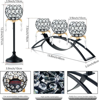 Set of 3 Gold Crystal Tea Light Candlestick Holders Flower Shape with Crystal Pendant Bowl Votive Metal Candle Holder for Table Centerpieces Wedding Home Decor (Set of 3, Black+Gold)