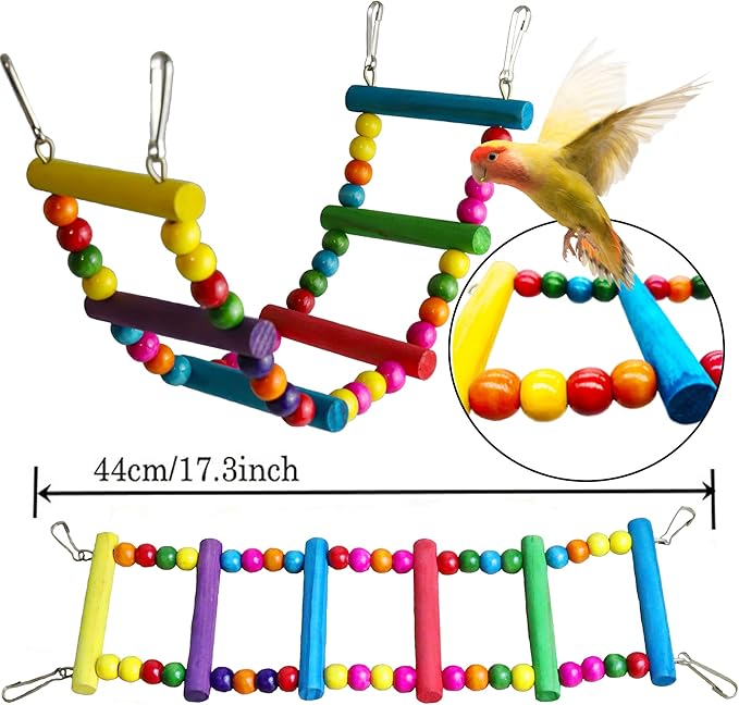 Bird Parakeet Cockatiel Toys, ESRISE Parrots Cage Hammock Swing Climbing Ladders Wooden Perch Chewing Toy for Budgerigar, Conures, Love Birds, Budgies-Mewly Pet